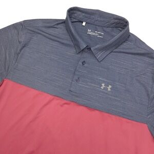 Under Armour Shirt Mens 2XL Gray Pink HeatGear Polo Golf Performance Striped